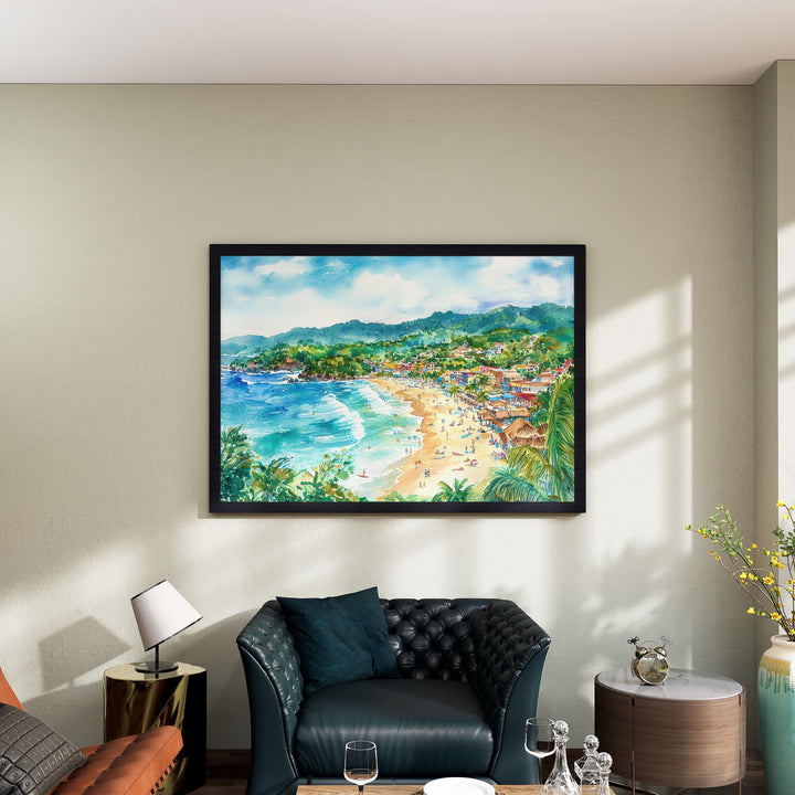 Sayulita Mexico Watercolor Poster Sayulita Travel Print Beach Landscape Painting Coastal Wall Art Pacific Coast Souvenir