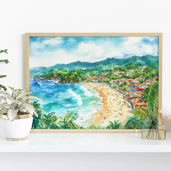 Sayulita Mexico Watercolor Poster Sayulita Travel Print Beach Landscape Painting Coastal Wall Art Pacific Coast Souvenir