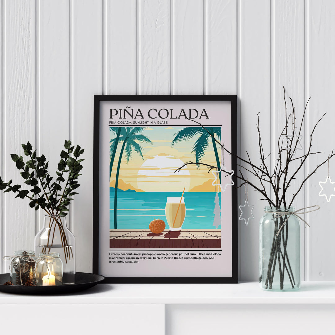 Piña Colada Cocktail Print Vintage Drink Poster Tropical Bar Wall Art Beach Decor Cocktail Lover Gift Summer Beverage Artwork