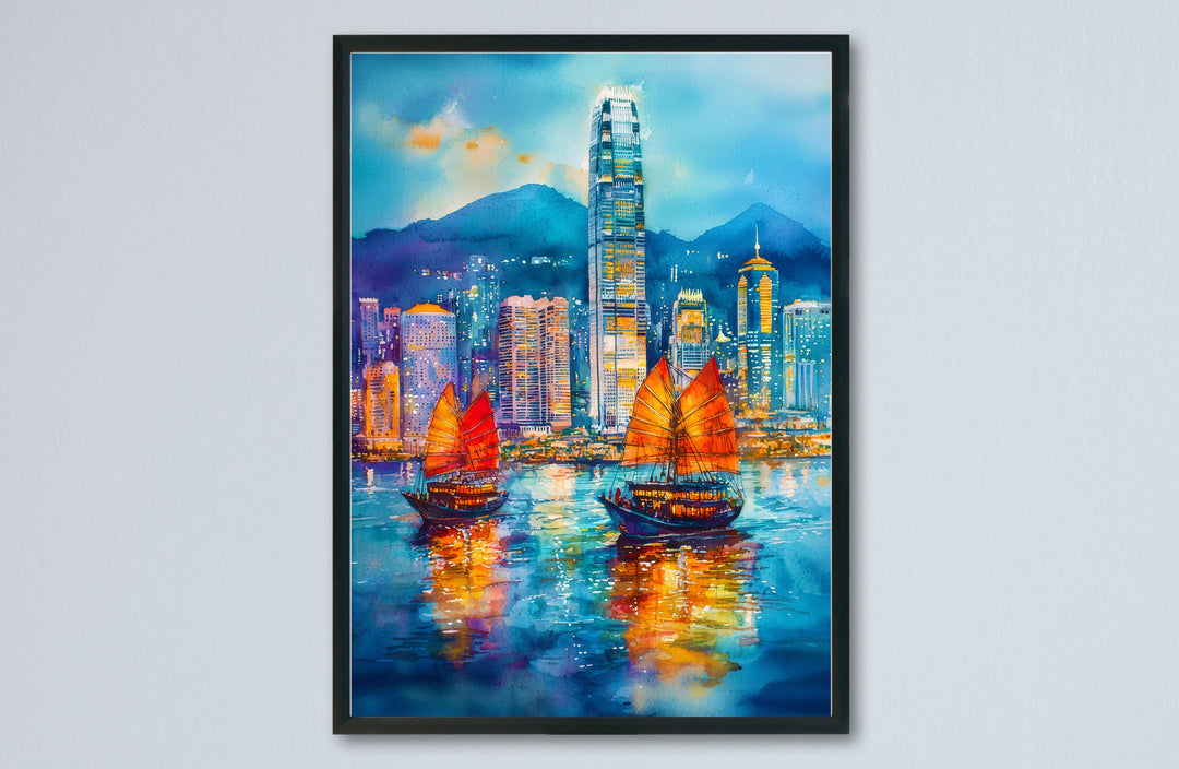 Hong Kong Watercolor Poster Hong Kong Travel Print City Skyline Painting Asia Wall Art Urban Decor Modern Landscape Souvenir