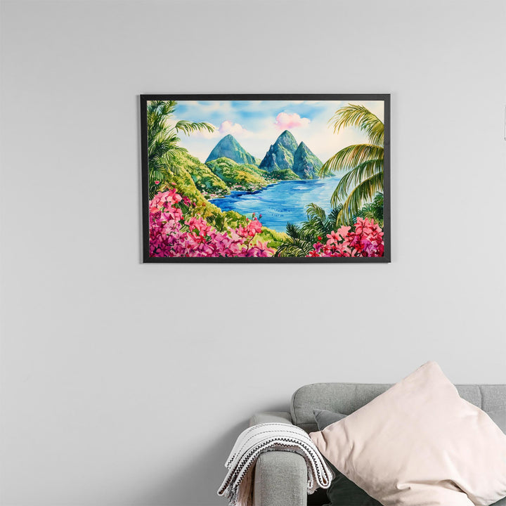Saint Lucia Watercolor Poster Caribbean Travel Print Island Landscape Painting Coastal Wall Art Tropical Souvenir