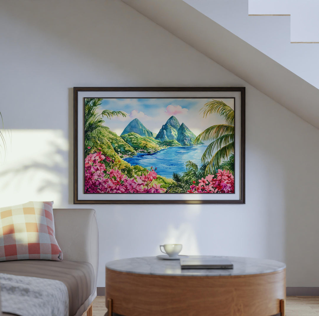 Saint Lucia Watercolor Poster Caribbean Travel Print Island Landscape Painting Coastal Wall Art Tropical Souvenir