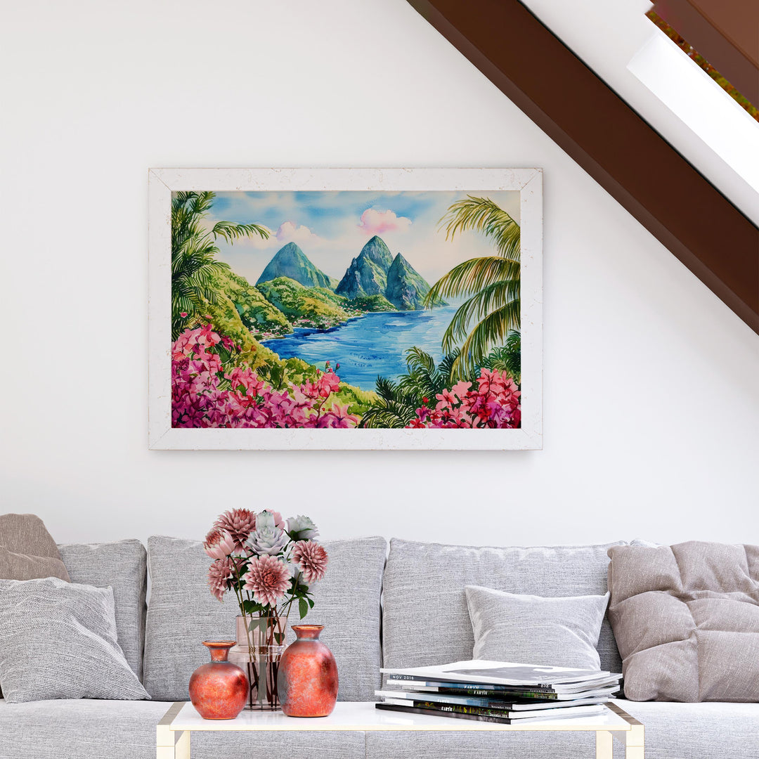 Saint Lucia Watercolor Poster Caribbean Travel Print Island Landscape Painting Coastal Wall Art Tropical Souvenir