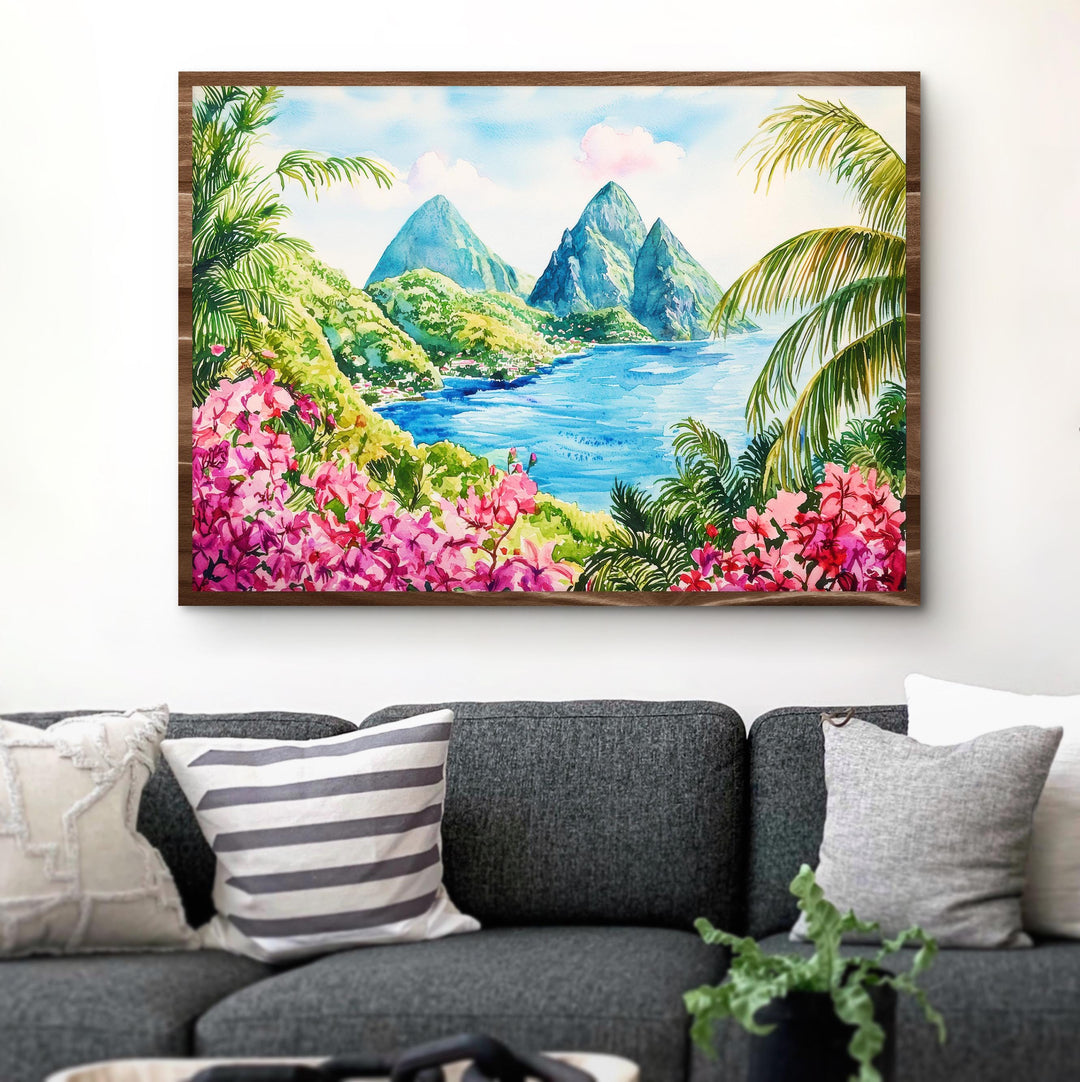 Saint Lucia Watercolor Poster Caribbean Travel Print Island Landscape Painting Coastal Wall Art Tropical Souvenir