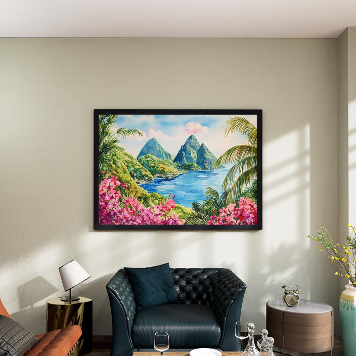 Saint Lucia Watercolor Poster Caribbean Travel Print Island Landscape Painting Coastal Wall Art Tropical Souvenir