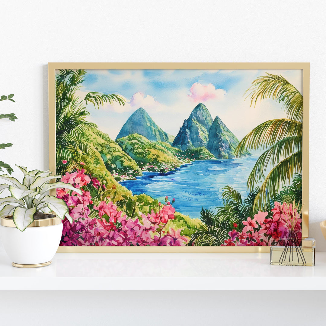 Saint Lucia Watercolor Poster Caribbean Travel Print Island Landscape Painting Coastal Wall Art Tropical Souvenir