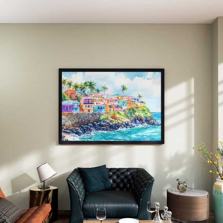 Puerto Rico Watercolor Poster Caribbean Travel Print Island Landscape Painting Coastal Wall Art Latin America Souvenir