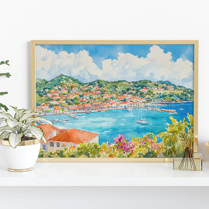 Grenada Watercolor Poster Caribbean Travel Print Island Landscape Painting Coastal Wall Art Tropical Souvenir