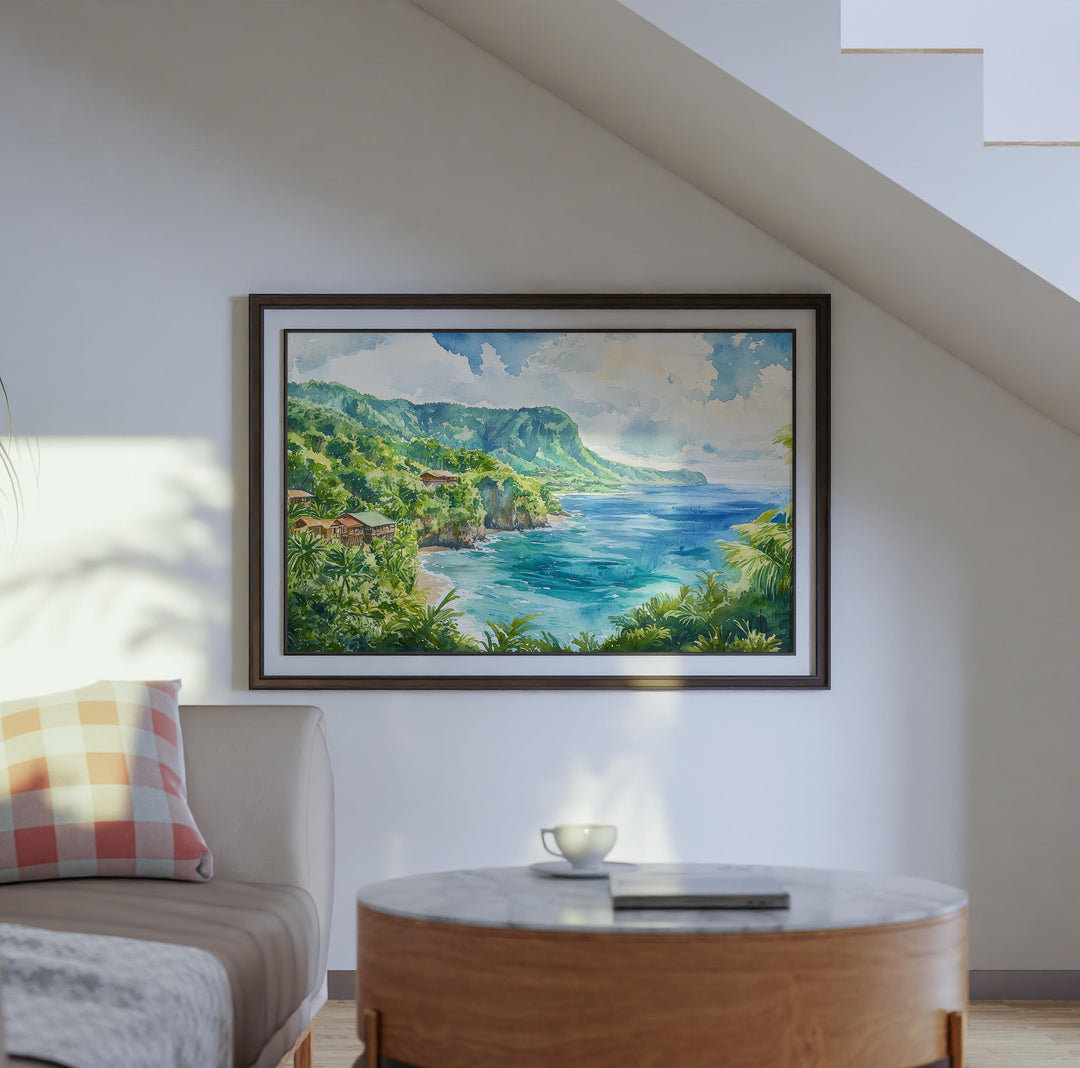 Dominica Watercolor Poster Caribbean Travel Print Island Landscape Painting Coastal Wall Art Tropical Souvenir