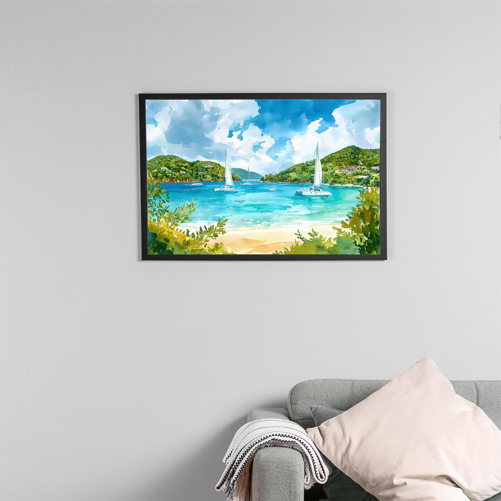 British Virgin Islands Watercolor Poster Caribbean Travel Print Beach Landscape Painting Coastal Wall Art Island Souvenir