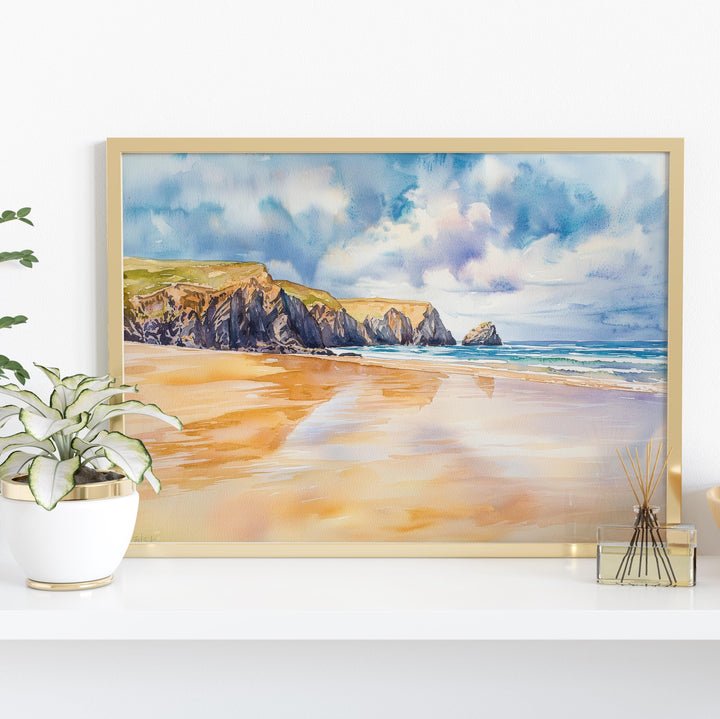 Perranporth Cornwall Watercolor Poster Perranporth Travel Print Coastal Beach Painting Seaside Wall Art UK Decor Souvenir