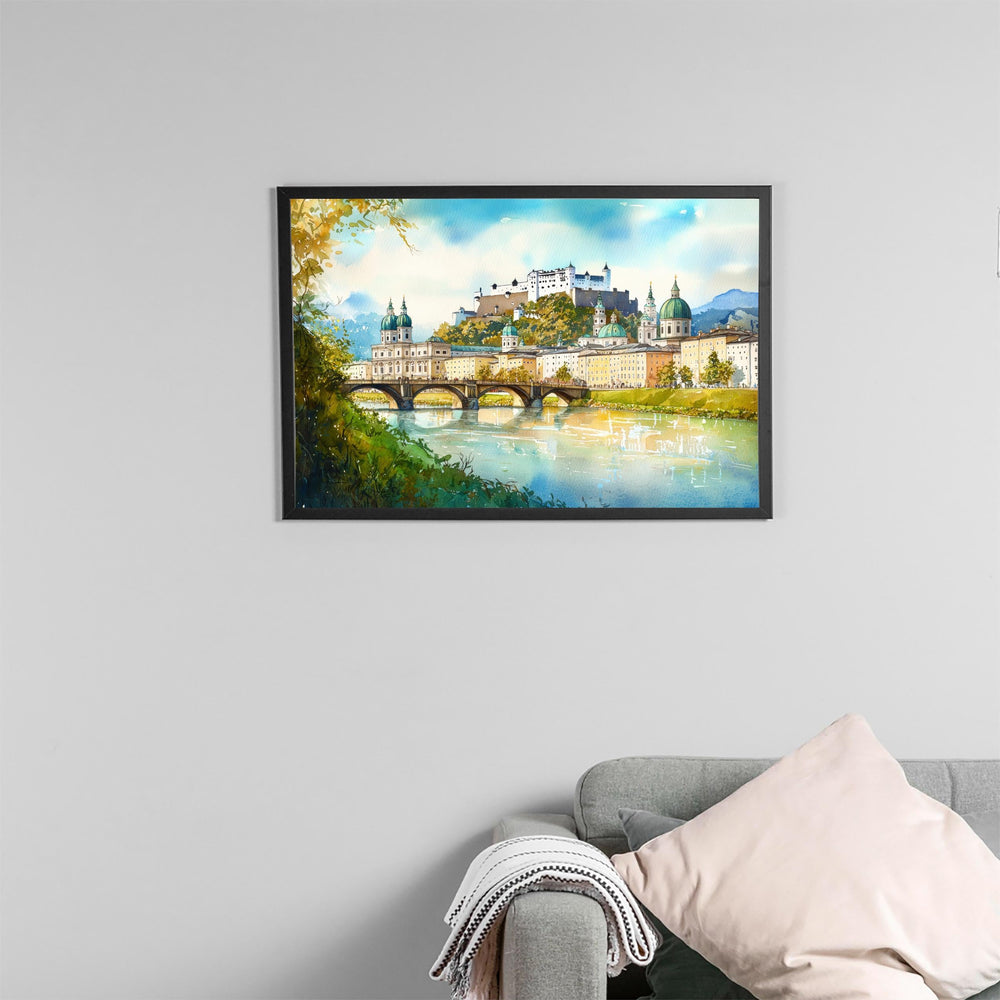 Salzburg Austria Watercolor Poster Salzburg Travel Print Cityscape Painting European Wall Art Old Town Decor Alps Souvenir
