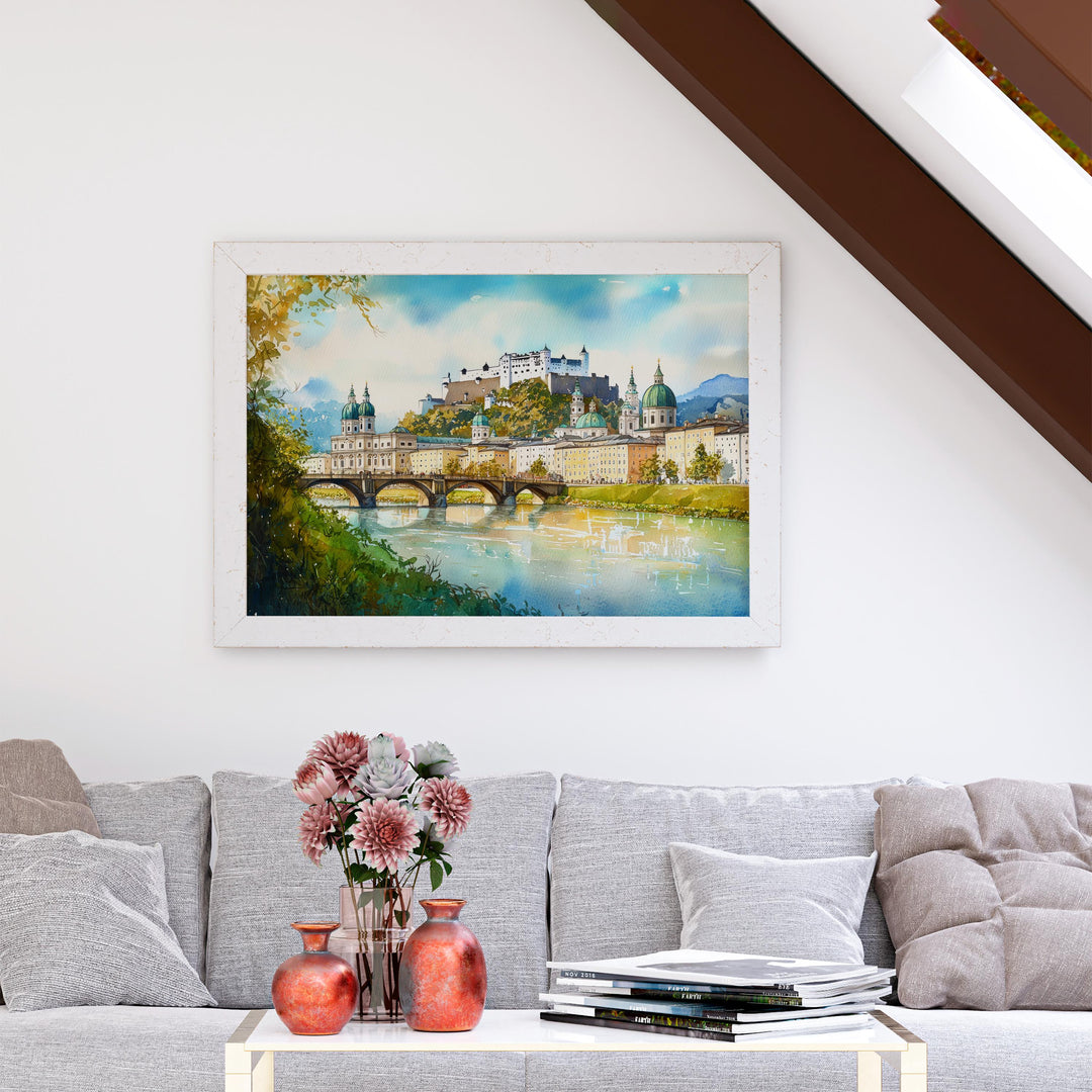 Salzburg Austria Watercolor Poster Salzburg Travel Print Cityscape Painting European Wall Art Old Town Decor Alps Souvenir