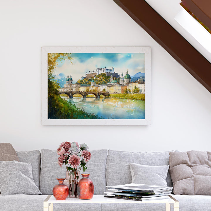 Salzburg Austria Watercolor Poster Salzburg Travel Print Cityscape Painting European Wall Art Old Town Decor Alps Souvenir