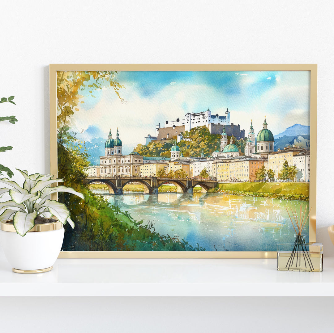 Salzburg Austria Watercolor Poster Salzburg Travel Print Cityscape Painting European Wall Art Old Town Decor Alps Souvenir