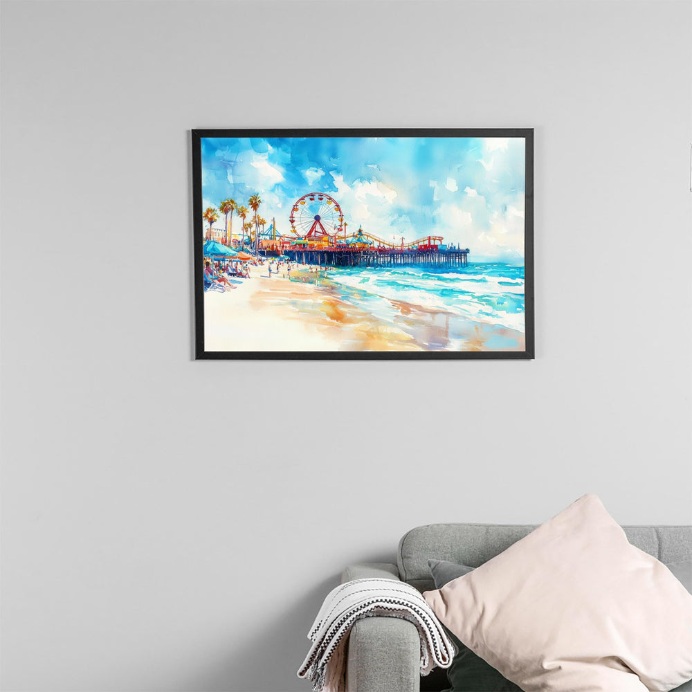 Santa Monica California Watercolor Poster Santa Monica Travel Print Beach Pier Painting Coastal Wall Art USA Souvenir