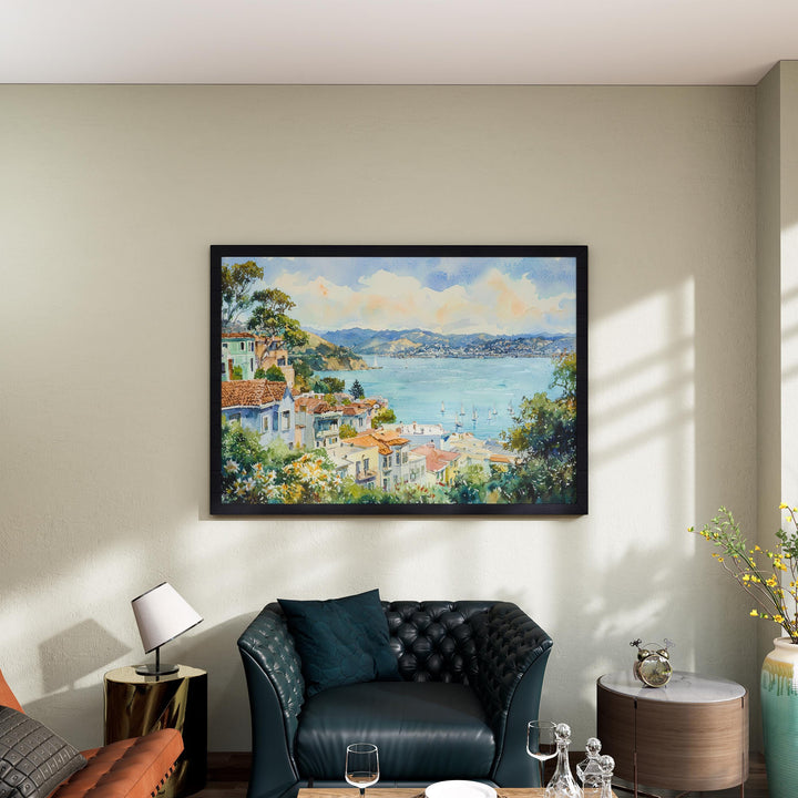 Sausalito California Watercolor Poster Sausalito Travel Print Coastal Town Painting Bay Area Wall Art USA Souvenir