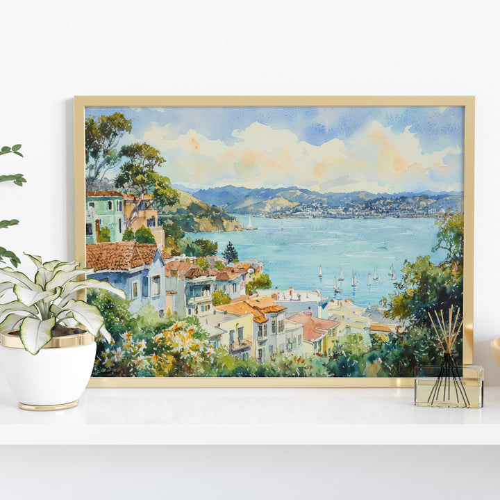 Sausalito California Watercolor Poster Sausalito Travel Print Coastal Town Painting Bay Area Wall Art USA Souvenir
