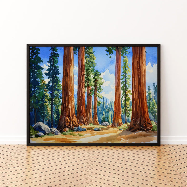 Sequoia National Park Watercolor Poster California Travel Print Forest Painting Nature Wall Art Giant Tree Decor USA Souvenir