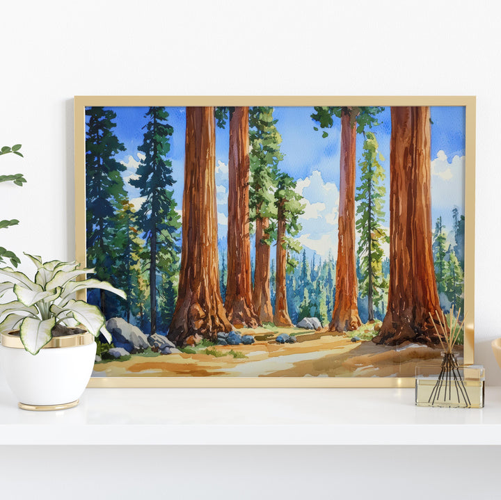 Sequoia National Park Watercolor Poster California Travel Print Forest Painting Nature Wall Art Giant Tree Decor USA Souvenir