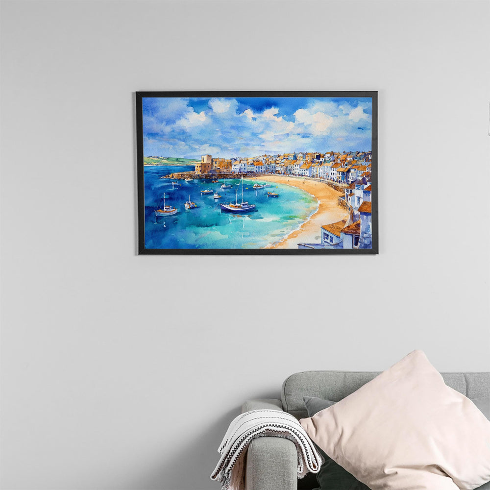 St Ives Cornwall Watercolor Poster St Ives Travel Print Coastal Harbour Painting Seaside Wall Art UK Beach Decor Souvenir