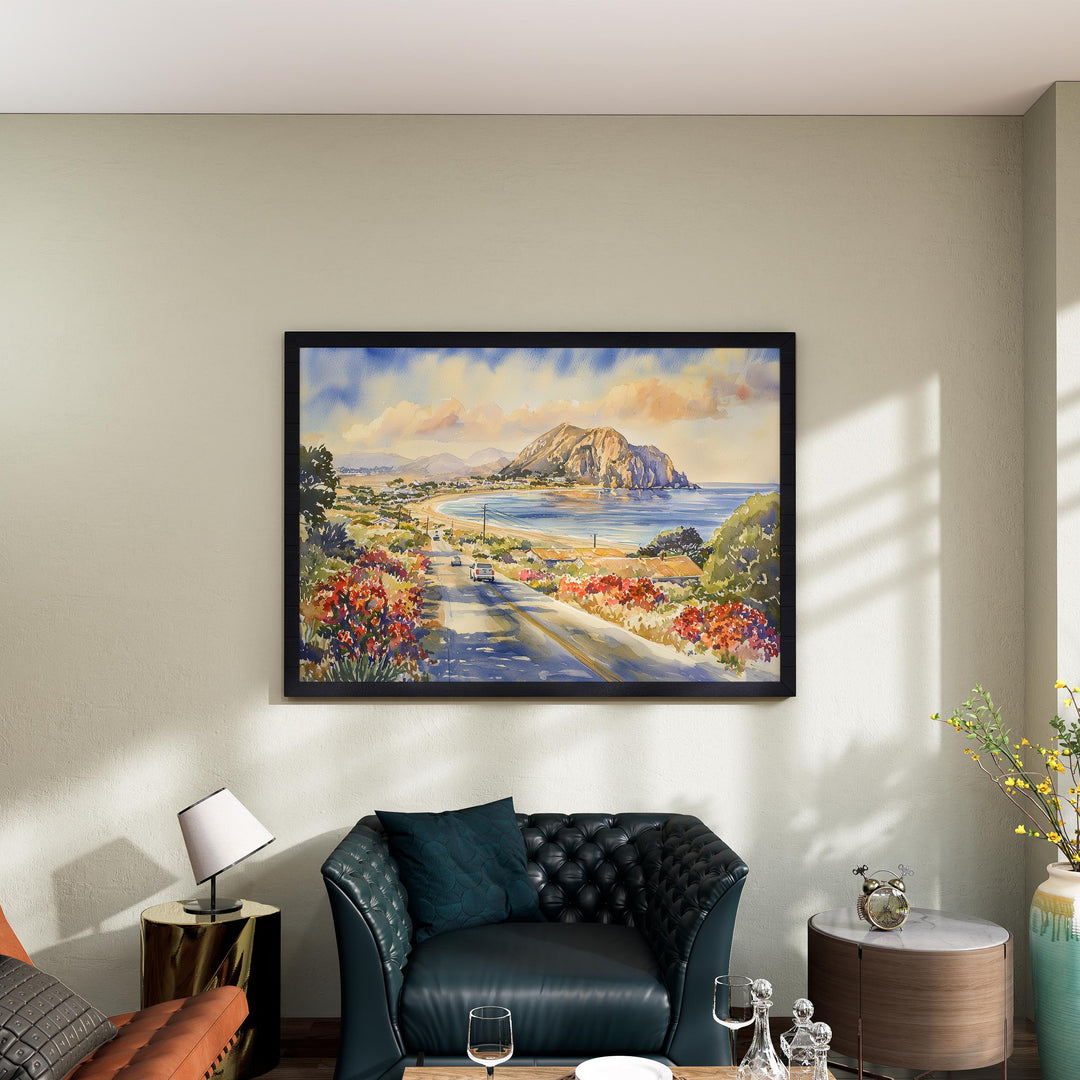 Morro Bay California Watercolor Poster Morro Bay Travel Print Coastal Town Painting Ocean Wall Art USA Decor Souvenir