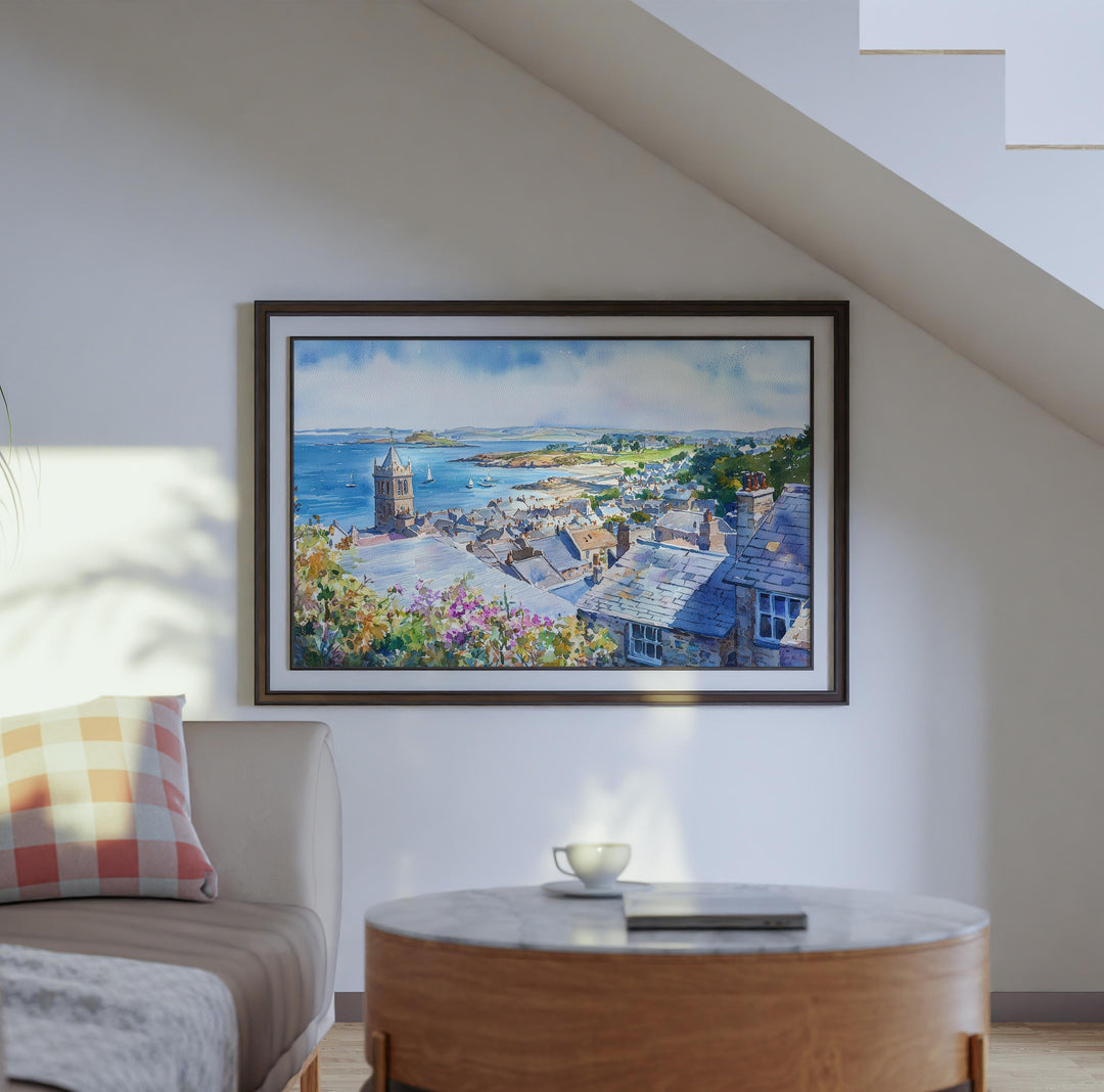 Marazion Cornwall Watercolor Poster Marazion Travel Print Coastal Village Painting Seaside Wall Art UK Beach Decor Souvenir