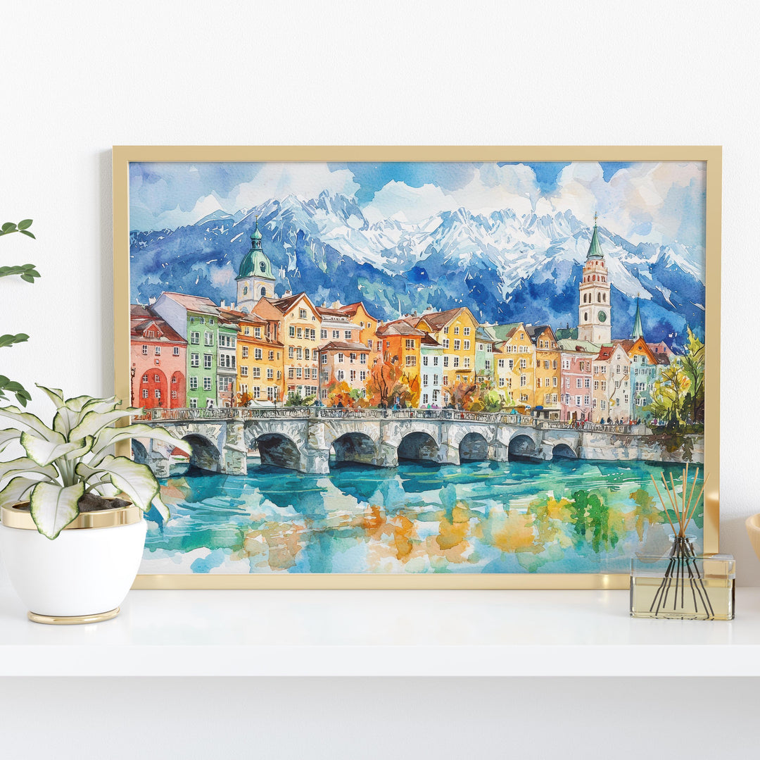 Innsbruck Austria Watercolor Poster Innsbruck Travel Print Alpine City Painting Mountain Wall Art Tyrol Decor Souvenir