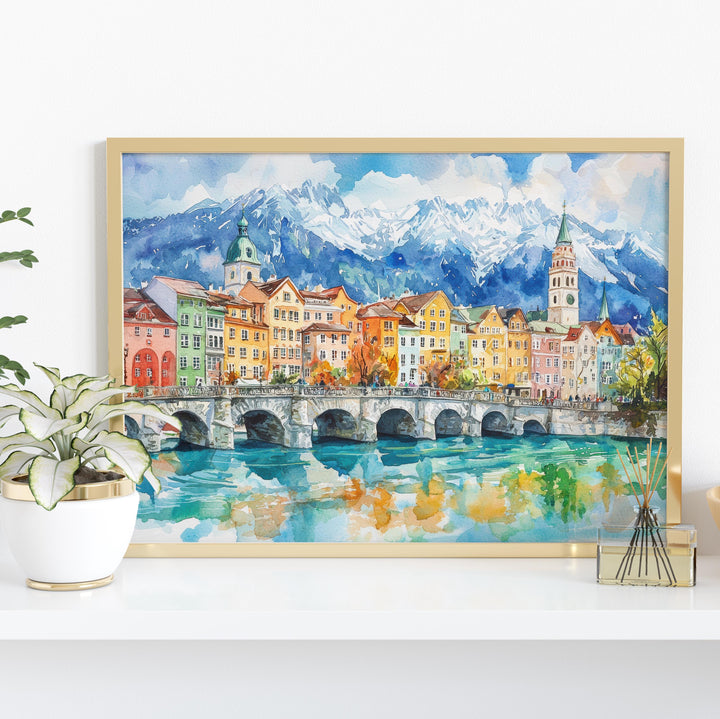 Innsbruck Austria Watercolor Poster Innsbruck Travel Print Alpine City Painting Mountain Wall Art Tyrol Decor Souvenir