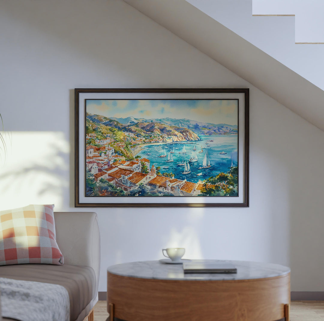 Catalina Island California Watercolor Poster Catalina Travel Print Coastal Town Painting Ocean Wall Art USA Decor Souvenir