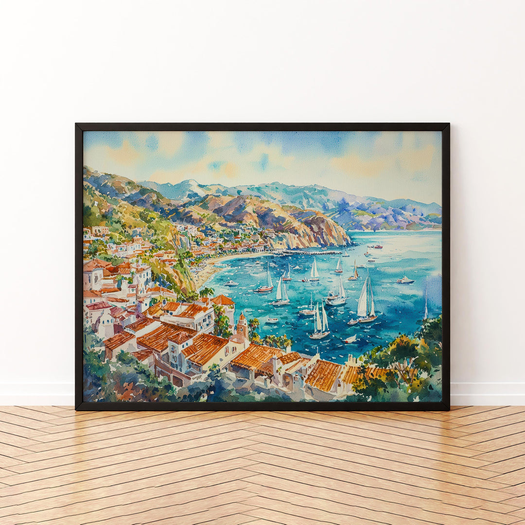 Catalina Island California Watercolor Poster Catalina Travel Print Coastal Town Painting Ocean Wall Art USA Decor Souvenir