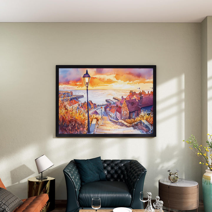 Whitby England Watercolor Poster Whitby Travel Print Coastal Town Painting Harbour Wall Art UK Seaside Decor Souvenir