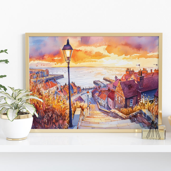 Whitby England Watercolor Poster Whitby Travel Print Coastal Town Painting Harbour Wall Art UK Seaside Decor Souvenir