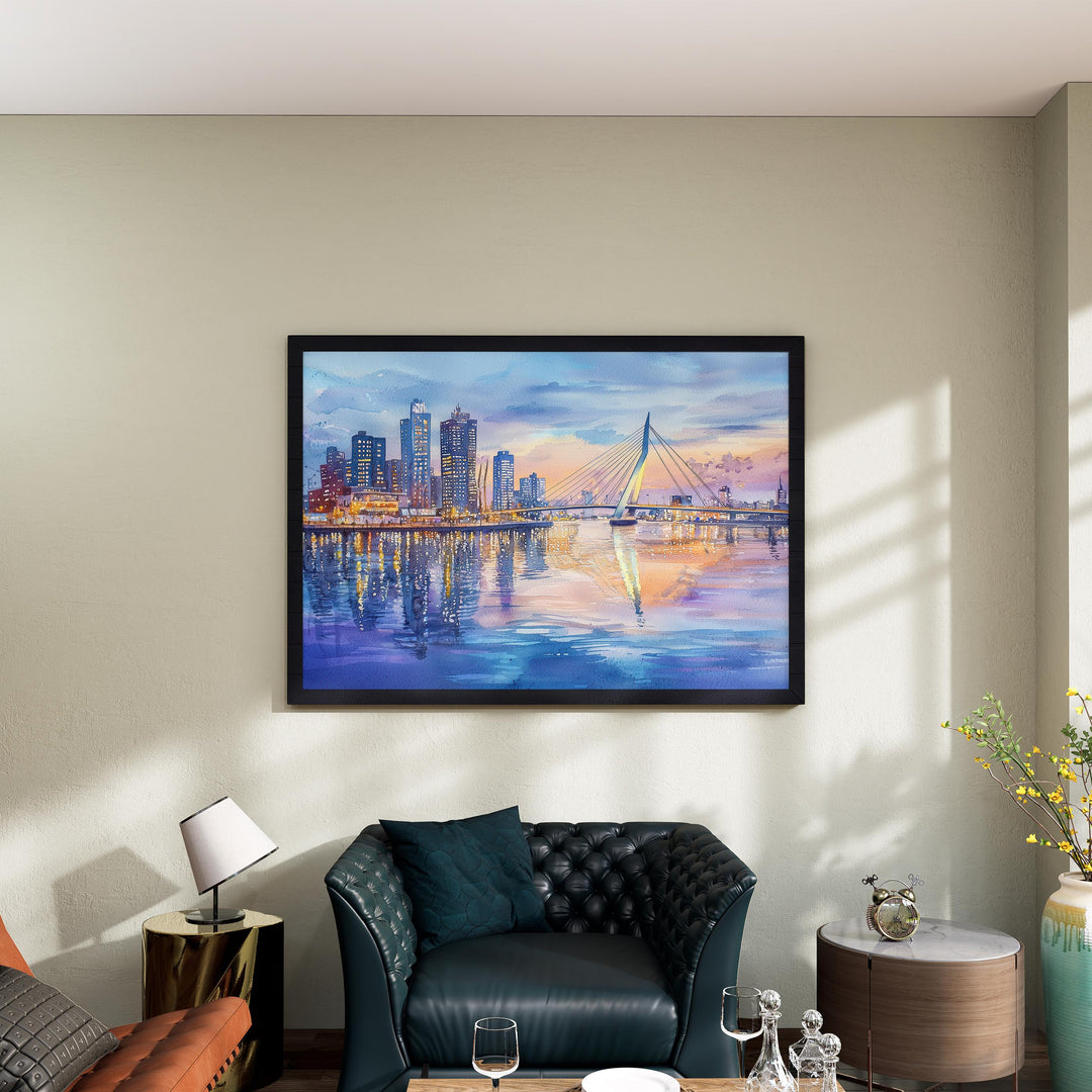 Rotterdam Netherlands Watercolor Poster Rotterdam Travel Print Cityscape Painting Modern Architecture Wall Art Europe Souvenir