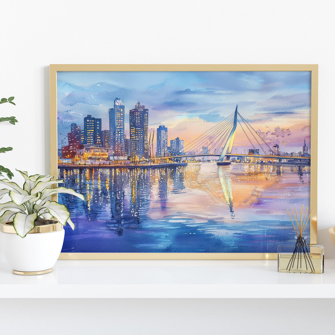 Rotterdam Netherlands Watercolor Poster Rotterdam Travel Print Cityscape Painting Modern Architecture Wall Art Europe Souvenir