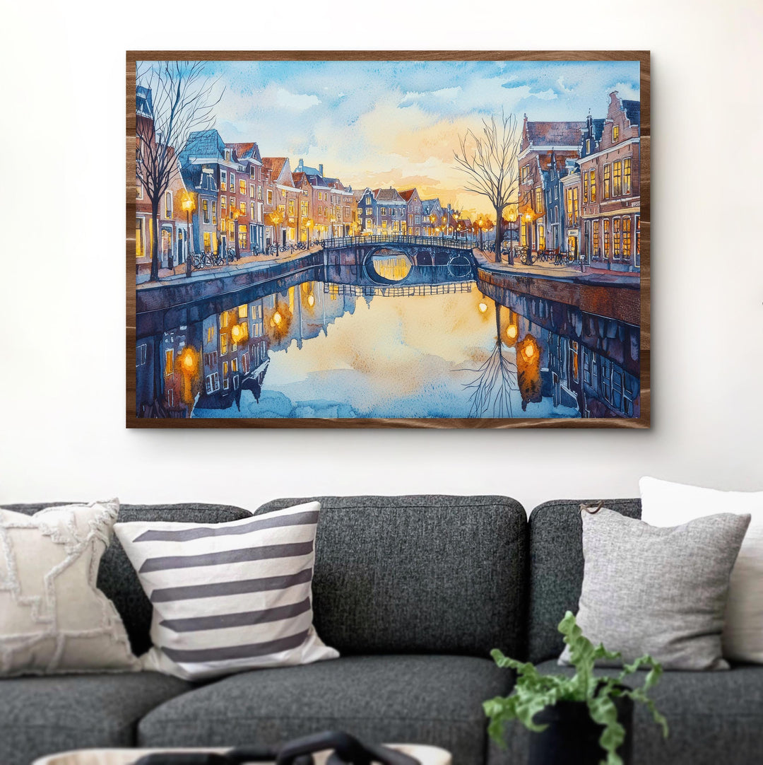 Leiden Netherlands Watercolor Poster Leiden Travel Print Canal City Painting Historic Town Wall Art Europe Decor Souvenir