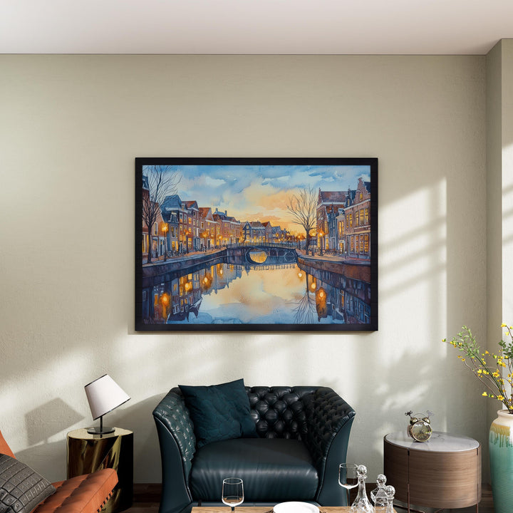 Leiden Netherlands Watercolor Poster Leiden Travel Print Canal City Painting Historic Town Wall Art Europe Decor Souvenir