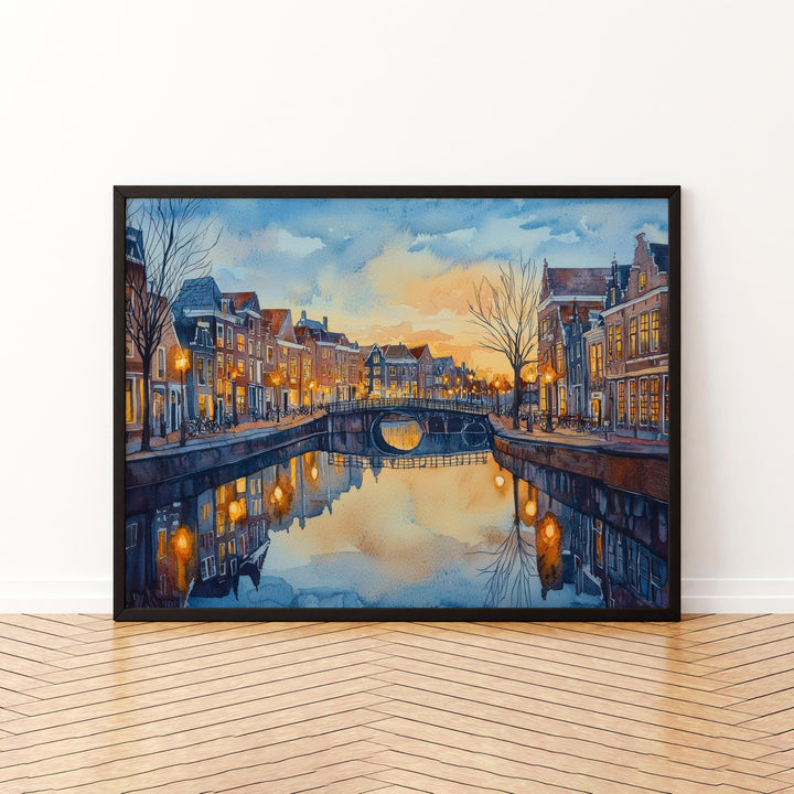 Leiden Netherlands Watercolor Poster Leiden Travel Print Canal City Painting Historic Town Wall Art Europe Decor Souvenir