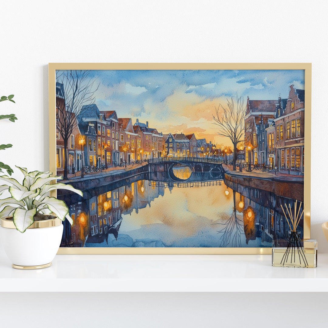 Leiden Netherlands Watercolor Poster Leiden Travel Print Canal City Painting Historic Town Wall Art Europe Decor Souvenir