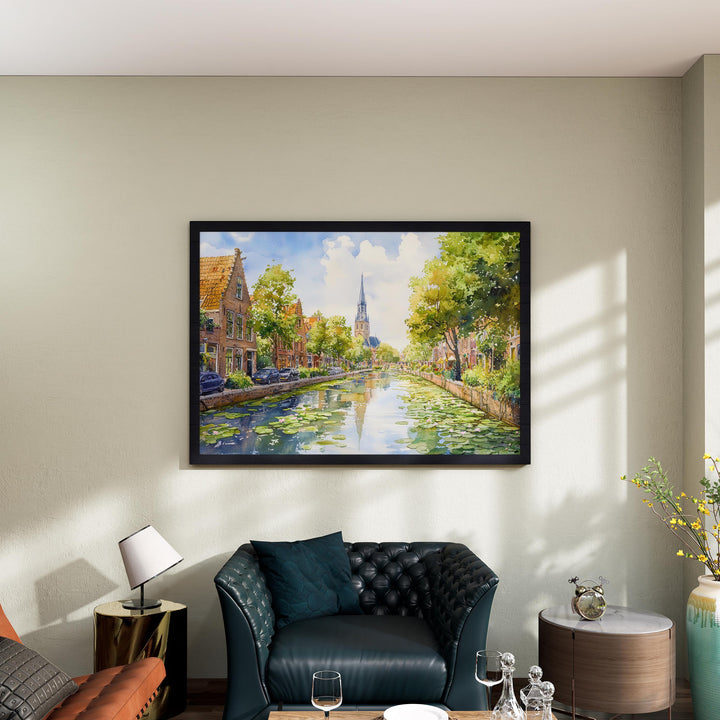 Delft Netherlands Watercolor Poster Delft Travel Print Canal City Painting Historic Town Wall Art Europe Decor Souvenir