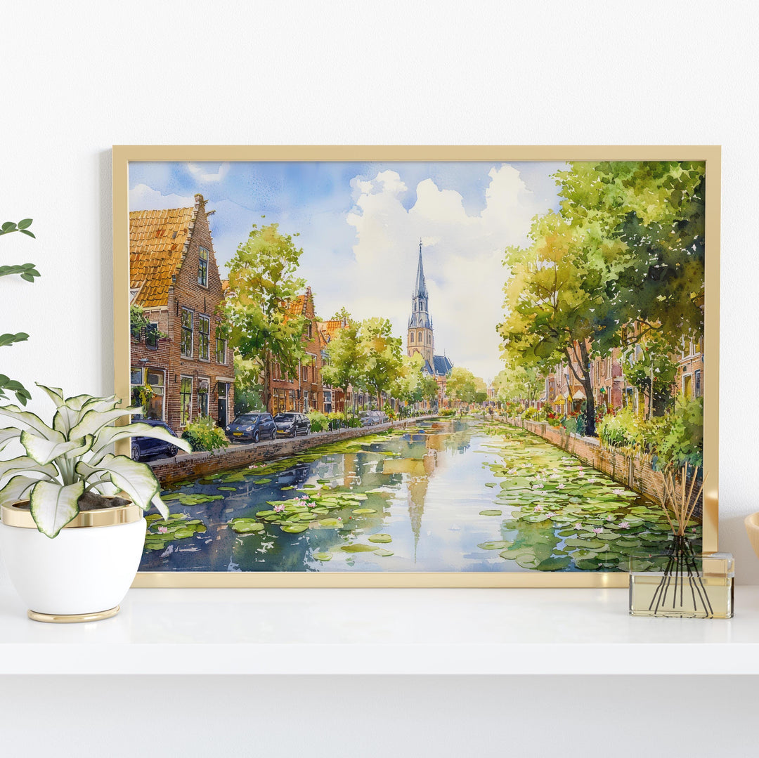 Delft Netherlands Watercolor Poster Delft Travel Print Canal City Painting Historic Town Wall Art Europe Decor Souvenir