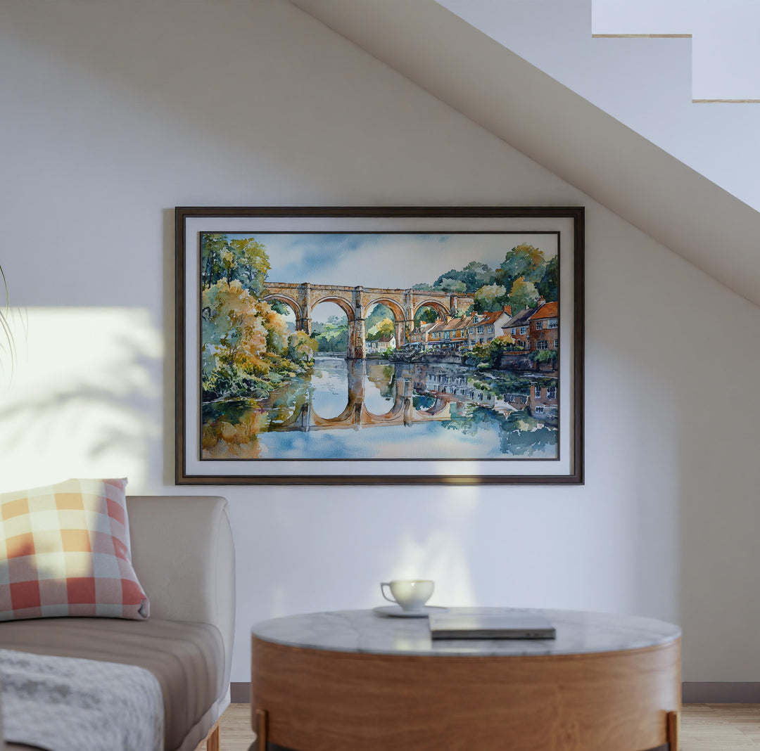 Knaresborough England Watercolor Poster Knaresborough Travel Print Riverside Town Painting Viaduct Wall Art UK Souvenir