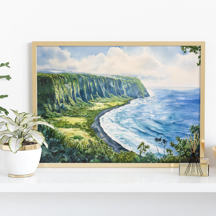 Waipio Valley Hawaii Watercolor Poster Waipio Travel Print Landscape Painting Tropical Wall Art Big Island Souvenir