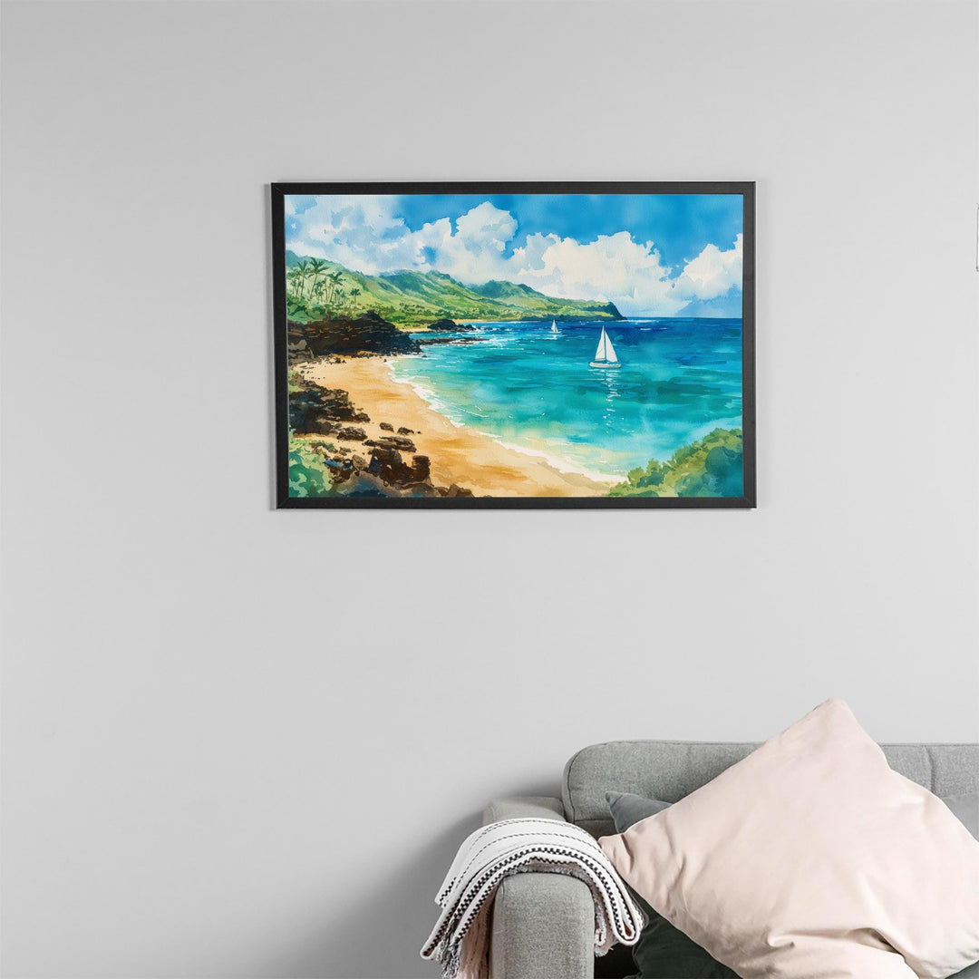 Waimea Beach Hawaii Watercolor Poster Waimea Travel Print Coastal Landscape Painting Tropical Wall Art Oahu Souvenir