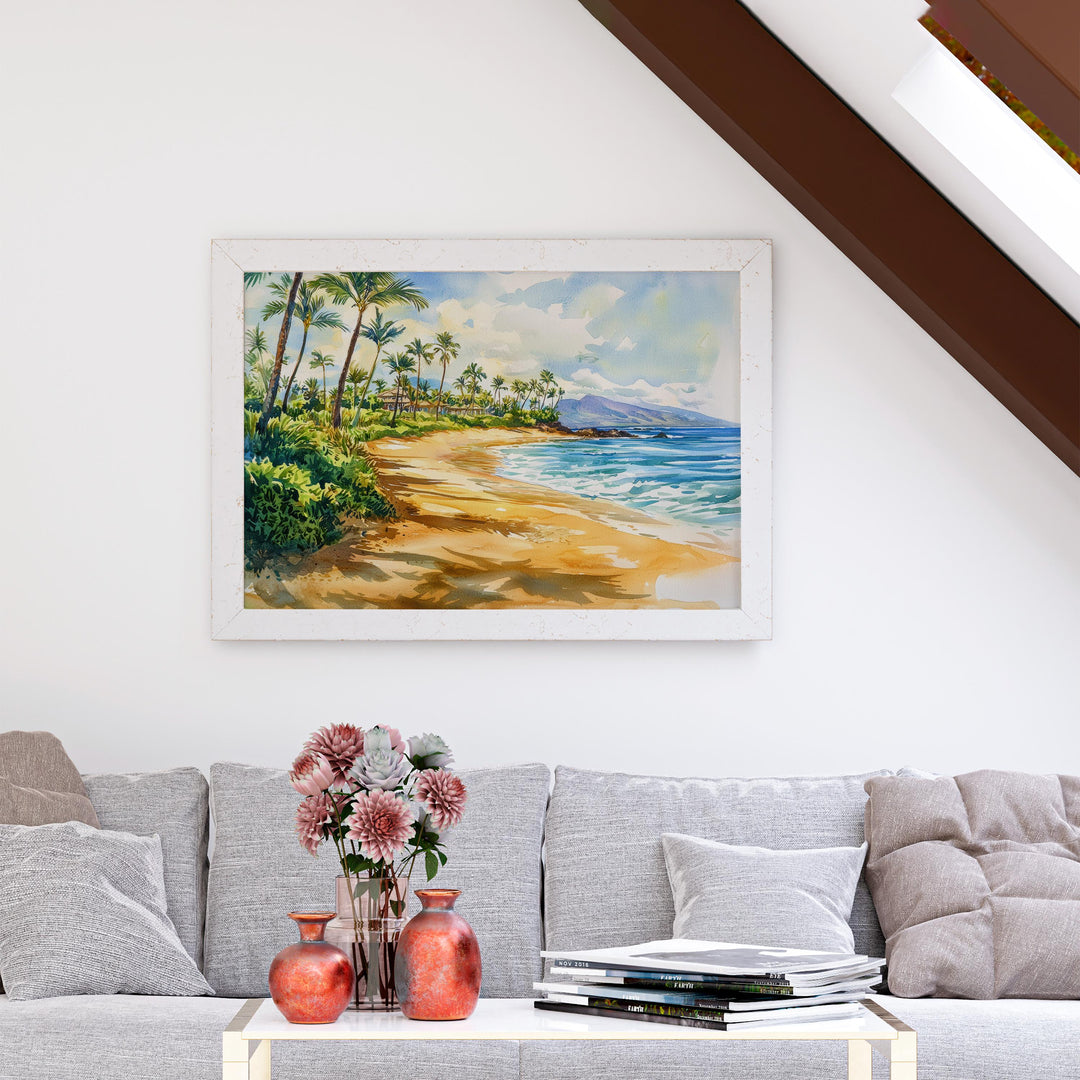 Wailea Beach Hawaii Watercolor Poster Wailea Travel Print Coastal Landscape Painting Tropical Wall Art Maui Souvenir