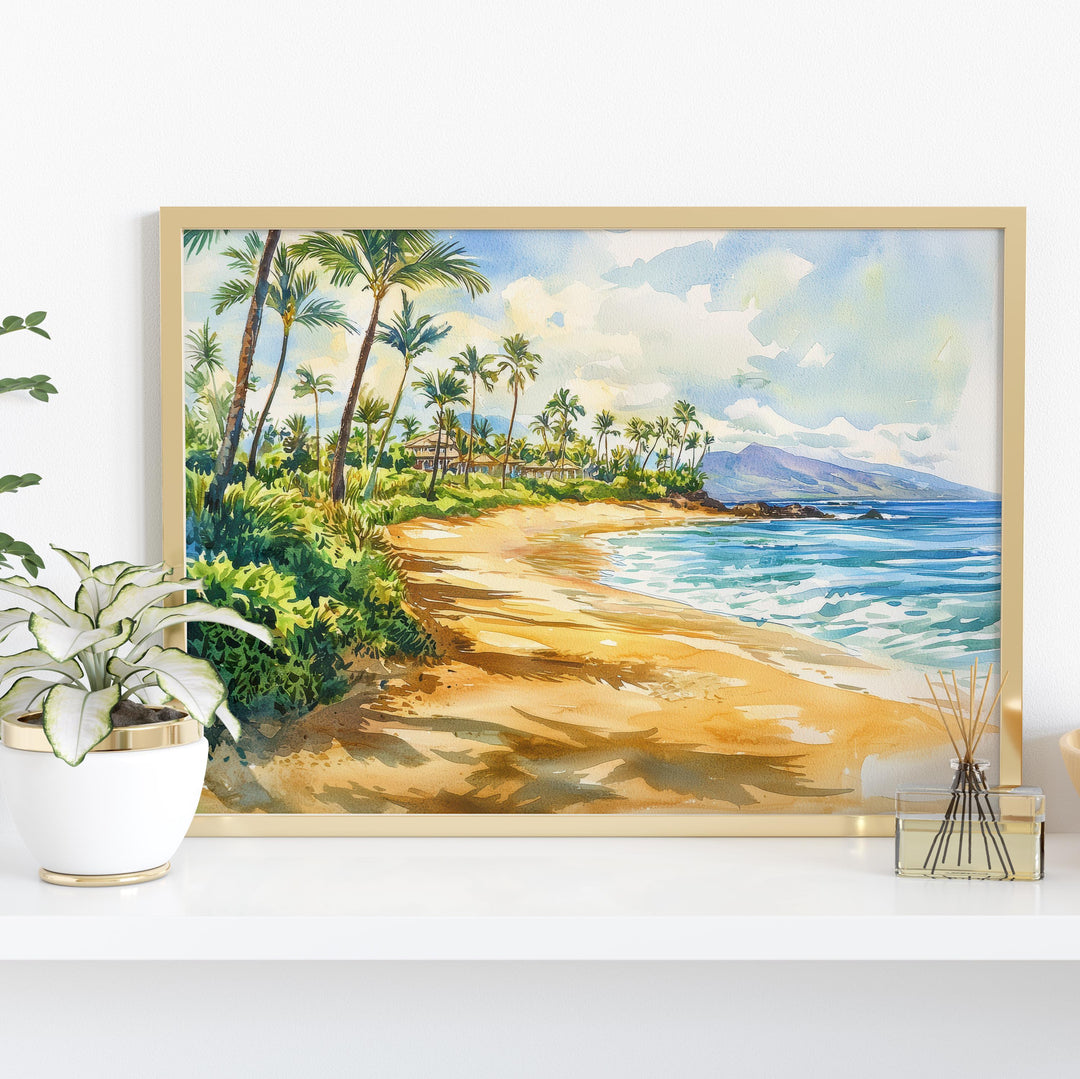 Wailea Beach Hawaii Watercolor Poster Wailea Travel Print Coastal Landscape Painting Tropical Wall Art Maui Souvenir