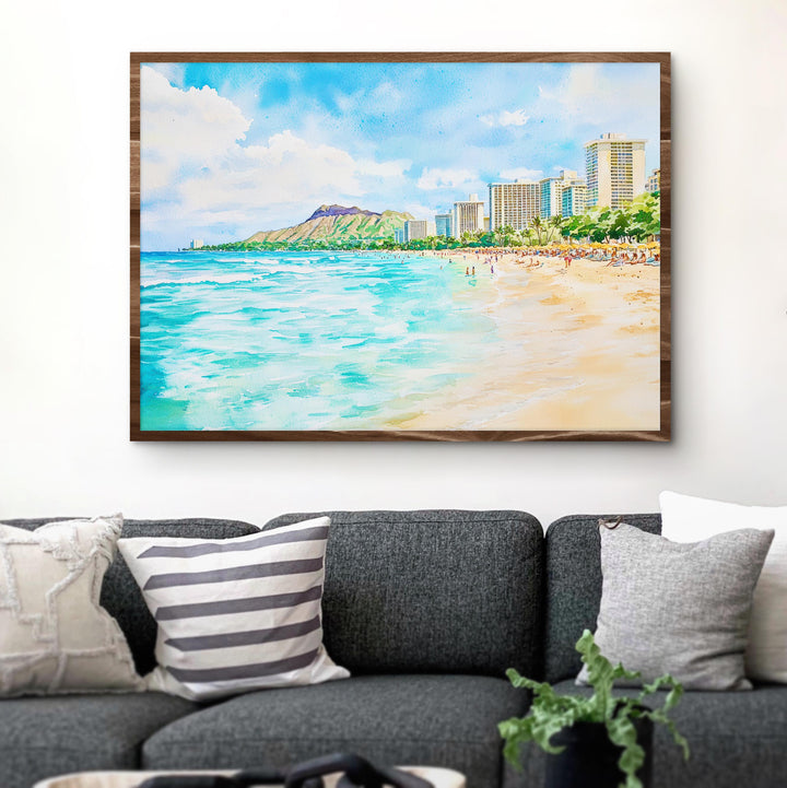 Waikiki Beach Hawaii Watercolor Poster Waikiki Travel Print Coastal Landscape Painting Tropical Wall Art Oahu Souvenir