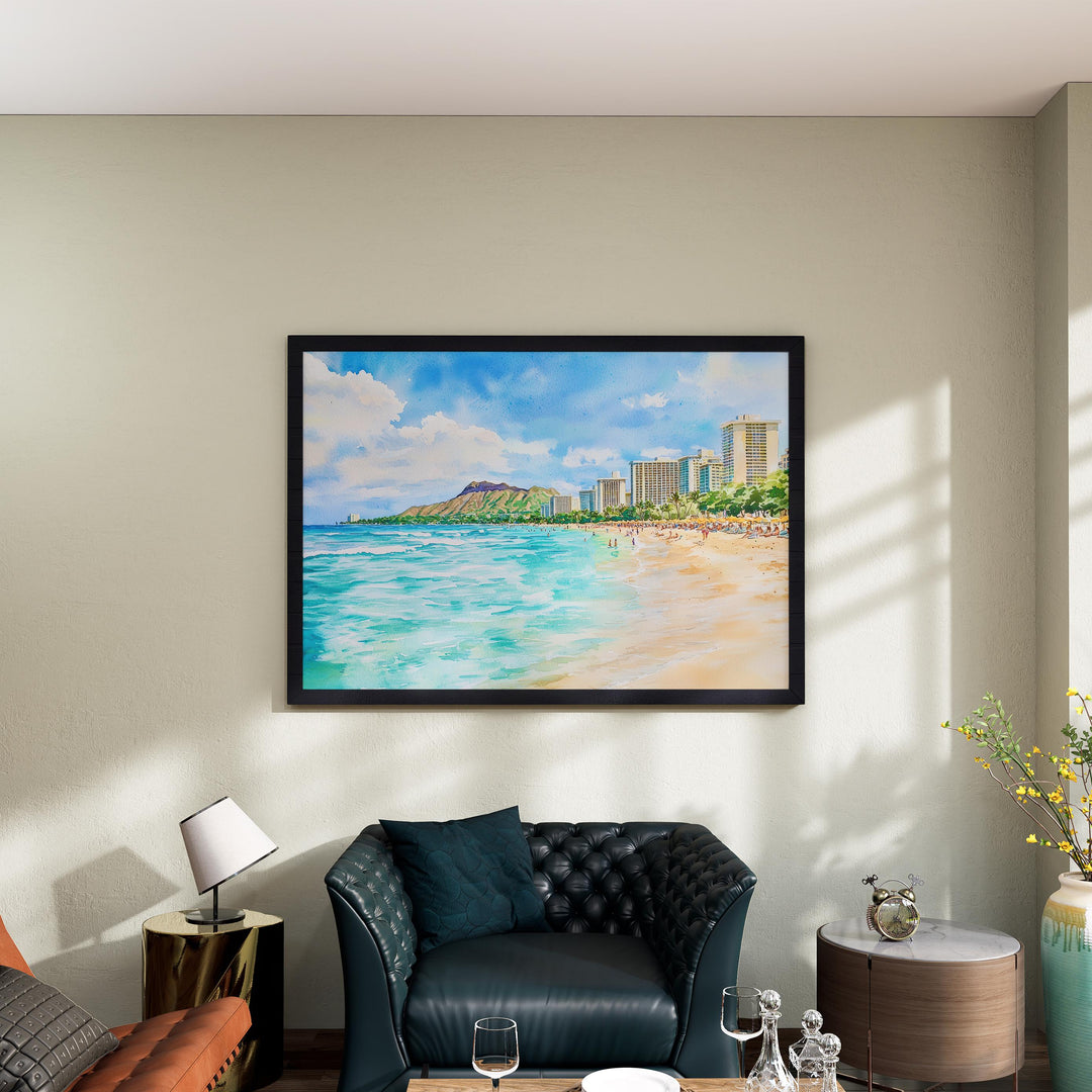 Waikiki Beach Hawaii Watercolor Poster Waikiki Travel Print Coastal Landscape Painting Tropical Wall Art Oahu Souvenir