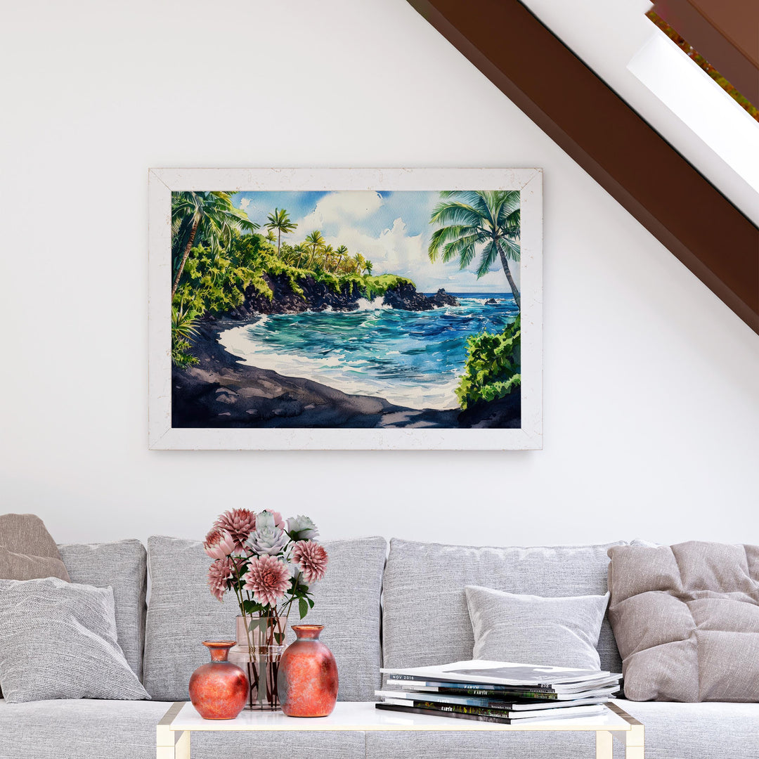Waiʻānapanapa State Park Hawaii Watercolor Poster Maui Travel Print Landscape Painting Coastal Wall Art Tropical Souvenir