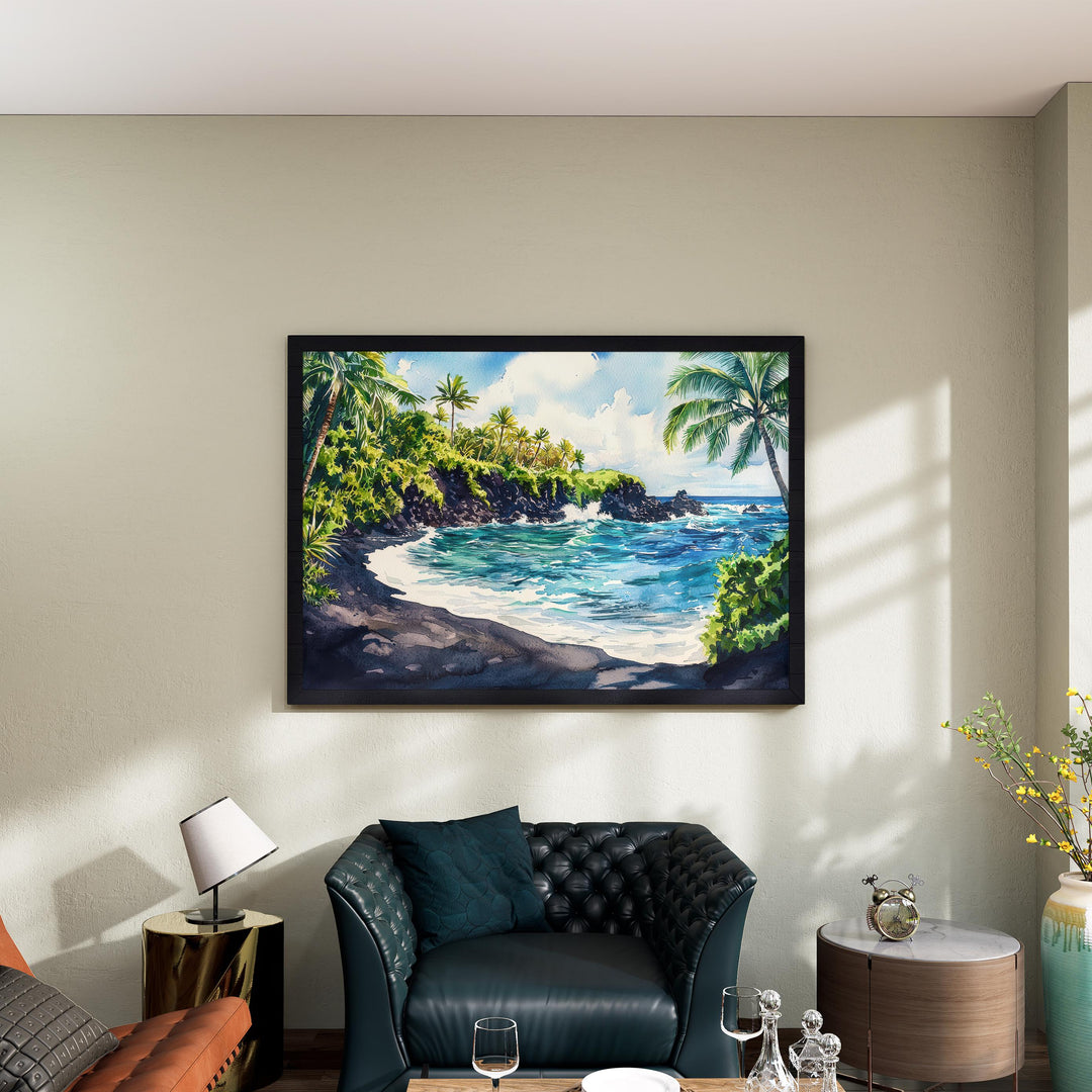 Waiʻānapanapa State Park Hawaii Watercolor Poster Maui Travel Print Landscape Painting Coastal Wall Art Tropical Souvenir